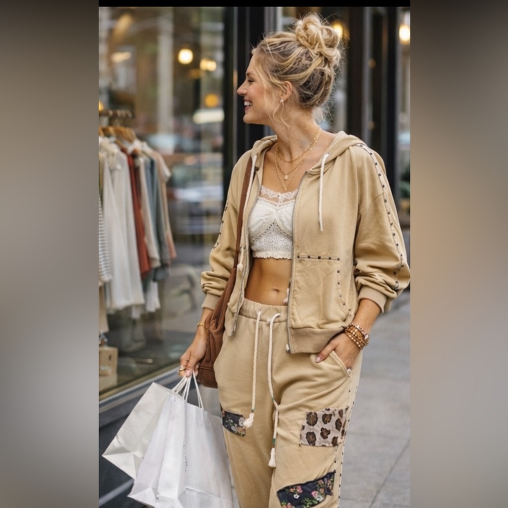 🆕 SET POL " Wild Terrain SET “Boho French TerryStriped Trim + Studs Tan  NWOT
